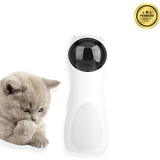 White cat toy with a black ball and premium quality badge.