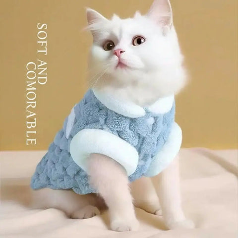 White cat wearing a blue robe with text on beige background.