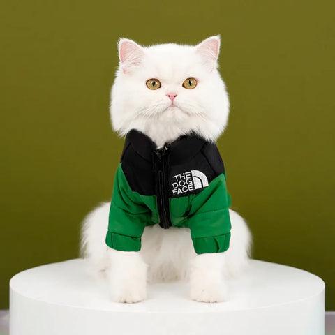 White cat wearing plush winter vest in multiple color options.