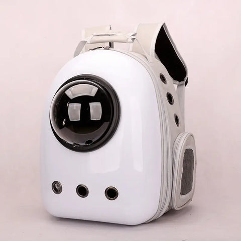 White pet backpack with a bubble window on a light pink background