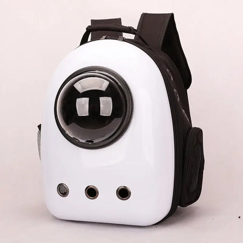 White pet carrier with black accents on a light pink background