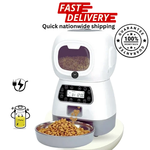 White pet food dispenser with a bowl of kibble, fast delivery text and guarantee stamp
