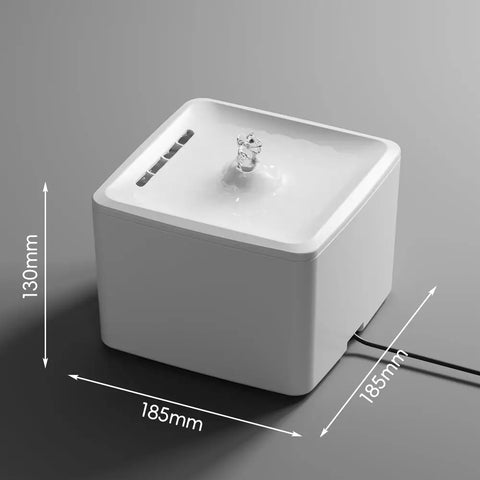 Product dimensions diagram for the white square pet water fountain showing width and height measurements.