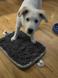 White mixed-breed puppy standing on a gray micro-strand snuffle mat with white suction cups.