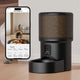 Smart Wi-Fi pet food dispenser next to a smartphone displaying companion app controls for video recording, voice commands, and feeding schedules.
