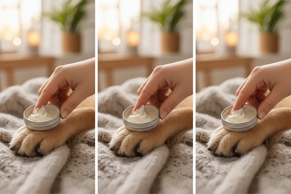 Step-by-step visual guide to winter paw care: applying balm, fitting protection, and safe walking on ice.