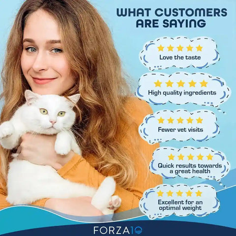 Woman holding a white cat with positive reviews for FORZA10.
