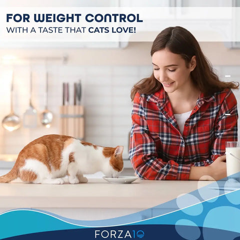 Woman in a kitchen with a cat promoting FORZA10 weight control product.