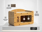 3-in-1 wooden cat scratcher house highlighting ultra-dense corrugated material, breathable design, and precision reinforced hardware.