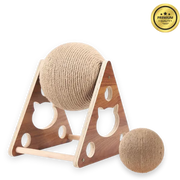 Wooden cat toy with sisal balls on a white background.