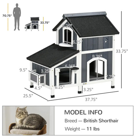 Size dimensions and model info infographic for PawHut 2-story cat shelter, suitable for an 11 lbs British Shorthair.