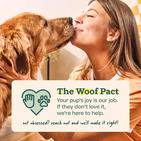 Happy dog owner holding golden retriever with text promoting The Woof Pact satisfaction guarantee.