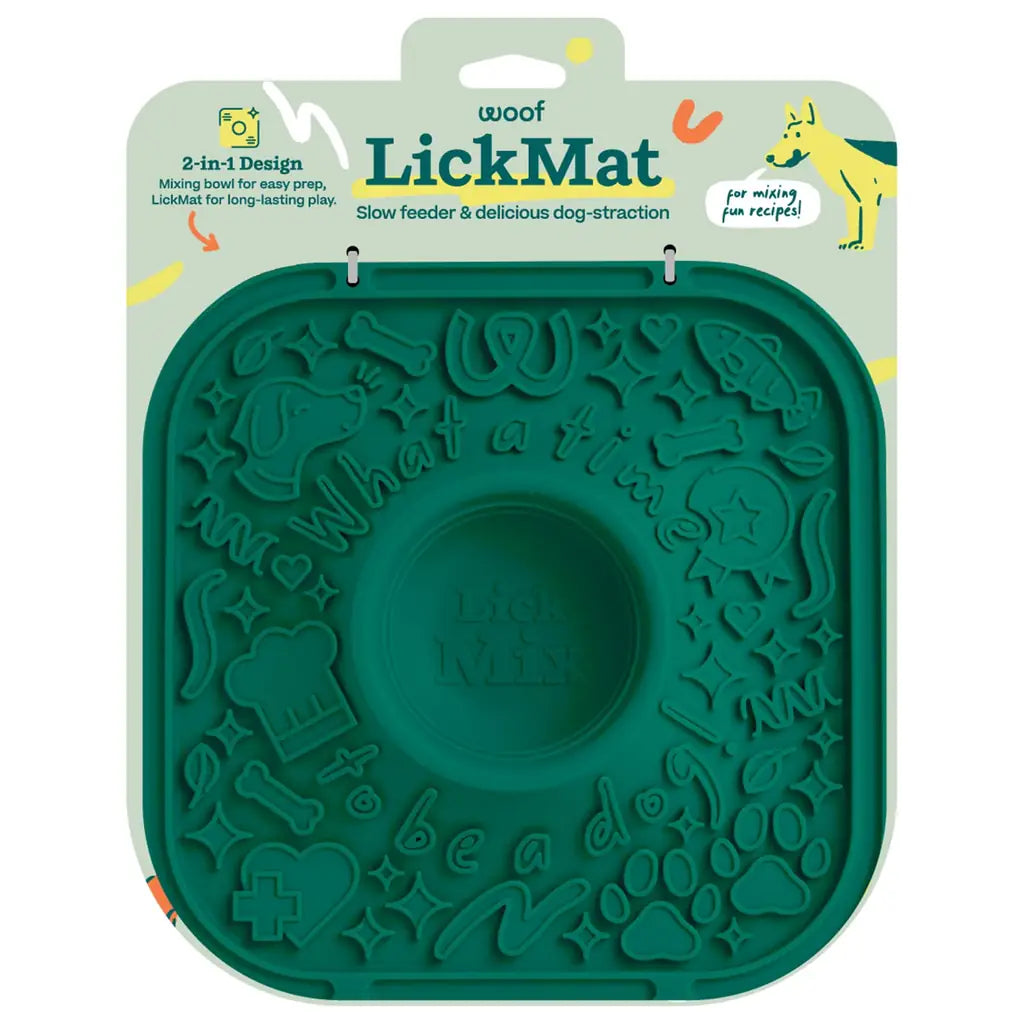 Woof LickMat 2-in-1 green dog slow feeder mat packaging with built-in mixing bowl