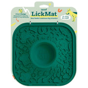 Woof LickMat 2-in-1 green dog slow feeder mat packaging with built-in mixing bowl.