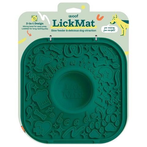 Woof LickMat 2-in-1 green dog slow feeder mat packaging with built-in mixing bowl.