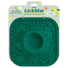 Woof LickMat 2-in-1 green dog slow feeder mat packaging with built-in mixing bowl