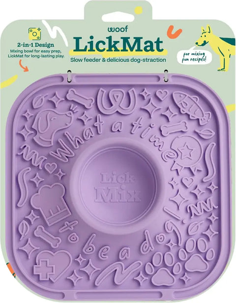 Woof LickMat 2-in-1 purple dog slow feeder mat and interactive enrichment toy in retail packaging.