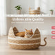 Woven pet bed with cat inside, featuring text and product details.