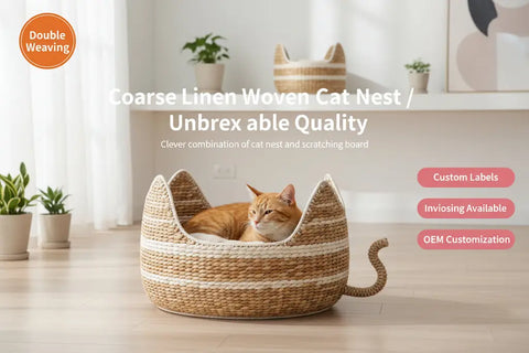 Woven pet bed with cat inside, featuring text and product details.