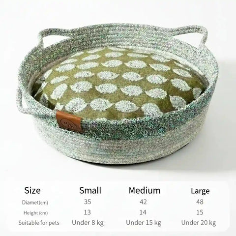 Woven rattan pet bed with natural materials and breathable design.