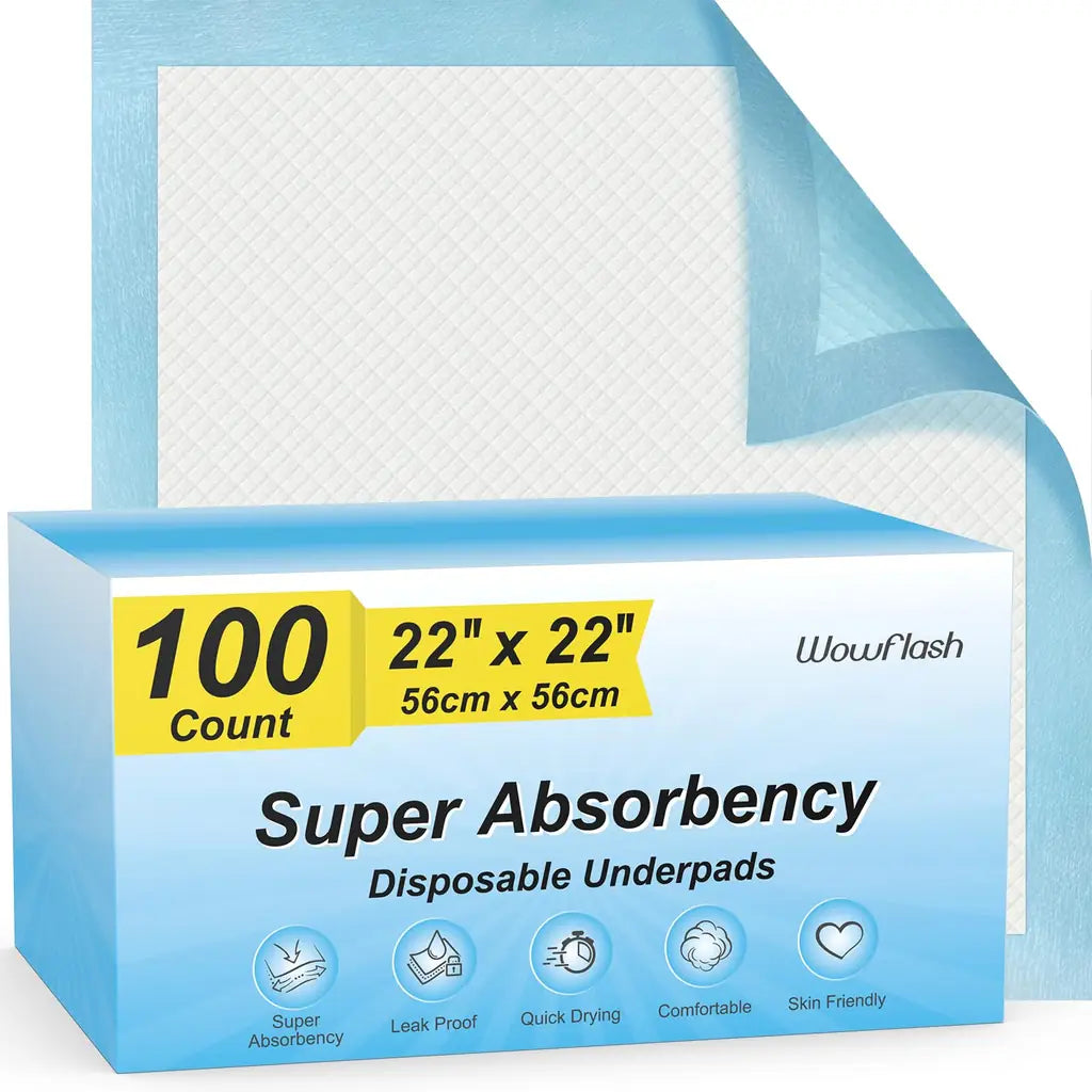 Wowflash 100 count box of 22 by 22 inch square disposable bed underpads