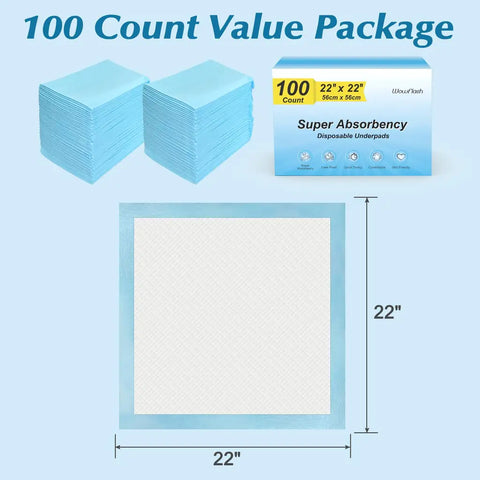Wowflash 100 count value package of 22 by 22 inch super absorbency disposable underpads.