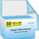 Wowflash 50 count pack of 30 by 36 inch super absorbency disposable underpads box and pad view.