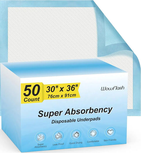 Wowflash 50 count pack of 30 by 36 inch super absorbency disposable underpads box and pad view.