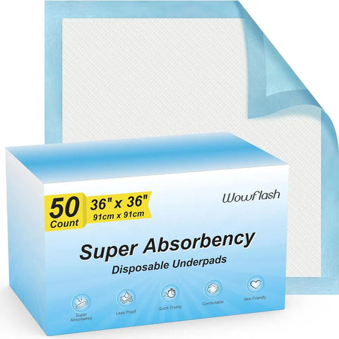 Wowflash 50 count pack of 36 by 36 inch large disposable underpads with leak-proof backing.