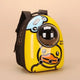 Yellow duck-shaped backpack with a cartoon design on a beige background
