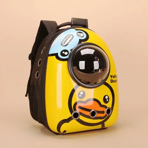 Yellow duck-shaped backpack with a cartoon design on a beige background