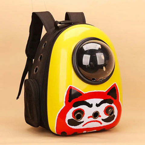 Yellow pet backpack with a daruma design on beige background.