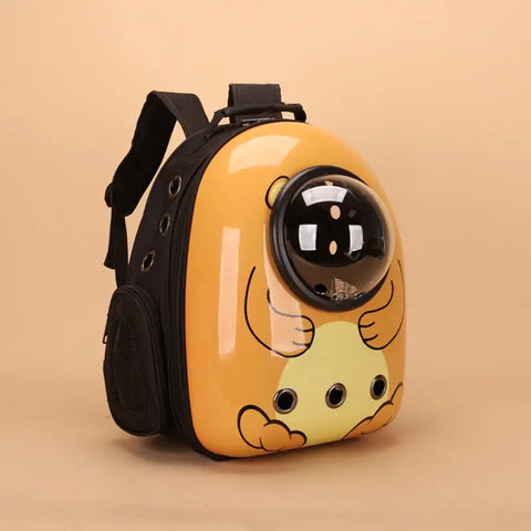 Yellow pet backpack with cartoon design on a beige background