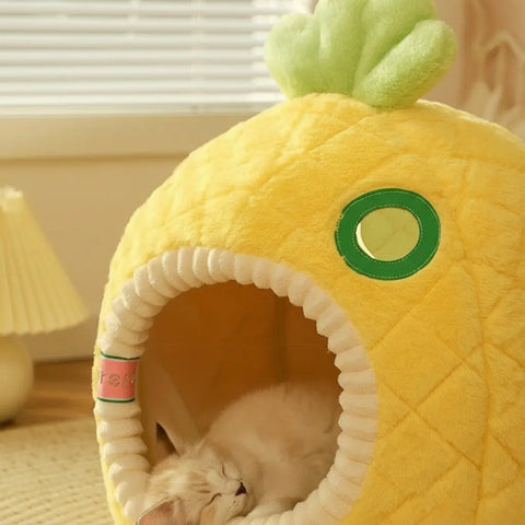Yellow pineapple-shaped pet bed with a cat inside on light background.