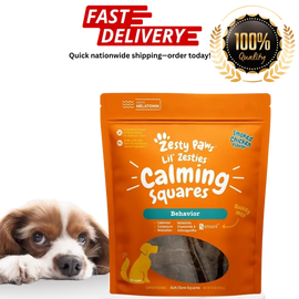 Zesty Paws Lil' Zesties Calming Squares packaging with a puppy