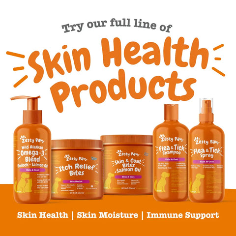 Zesty Paws skin health products line featuring Omega-3 Blend, Itch Relief Bites, Skin and Coat Bites, Flea and Tick Shampoo, and Flea and Tick Spray.