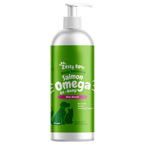 Zesty Paws Hemp Elements Salmon Omega Oil with Hemp Seed Oil 16 ounce white pump bottle for pet skin health and moisture.
