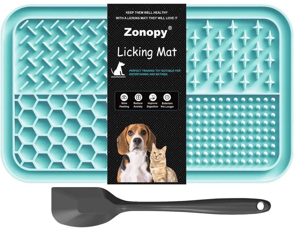 Zonopy 4-quadrant silicone dog licking mat in turquoise blue with an included black spreading spatula