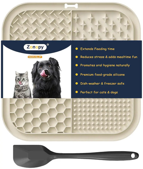 Zonopy non-slip food-grade silicone dog and cat licking mat in a neutral beige color with an included black spreading spatula.